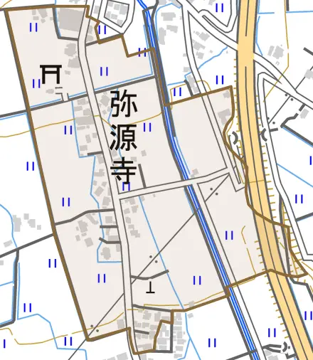 弥源寺とその周辺の地図。町の範囲を重ねている