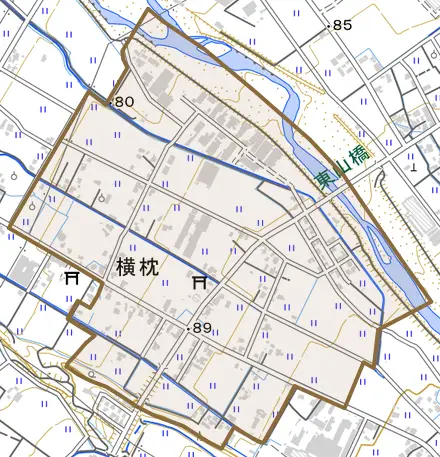 横枕とその周辺の地図。町の範囲を重ねている