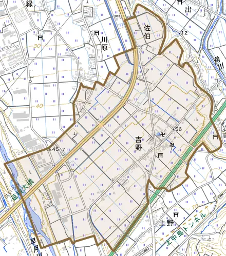 吉野とその周辺の地図。町の範囲を重ねている