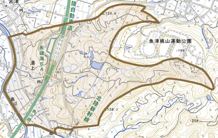 湯上とその周辺の地図。町の範囲を重ねている