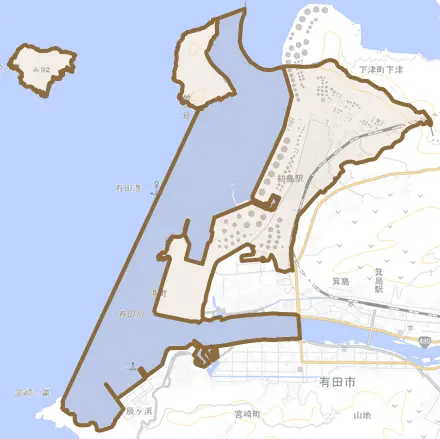 初島町浜とその周辺の地図。町の範囲を重ねている