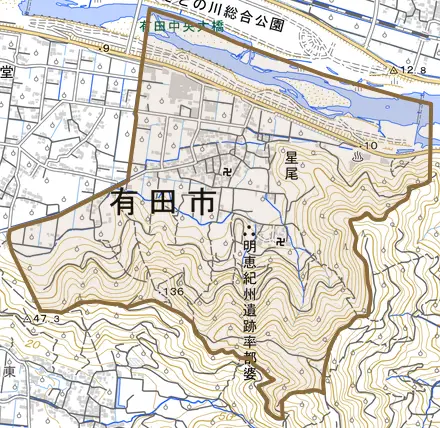 星尾とその周辺の地図。町の範囲を重ねている