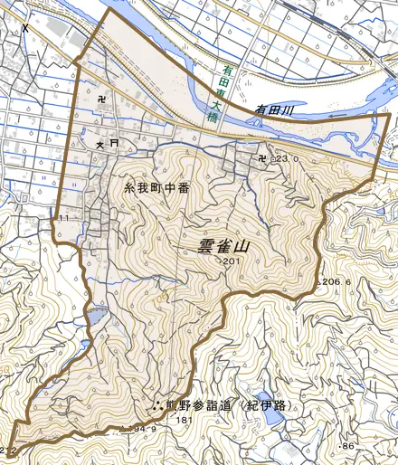 糸我町中番とその周辺の地図。町の範囲を重ねている