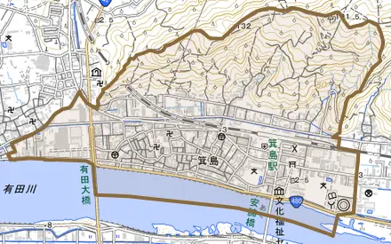 箕島とその周辺の地図。町の範囲を重ねている