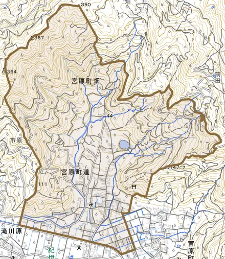 宮原町道とその周辺の地図。町の範囲を重ねている