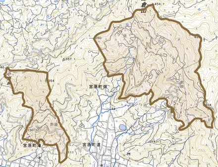 宮原町畑とその周辺の地図。町の範囲を重ねている
