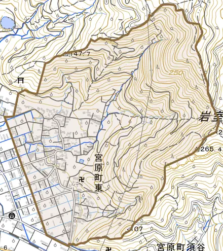 宮原町東とその周辺の地図。町の範囲を重ねている