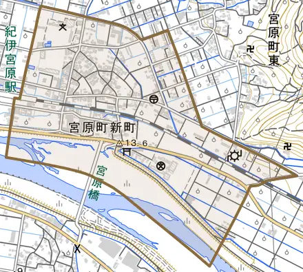 宮原町新町とその周辺の地図。町の範囲を重ねている