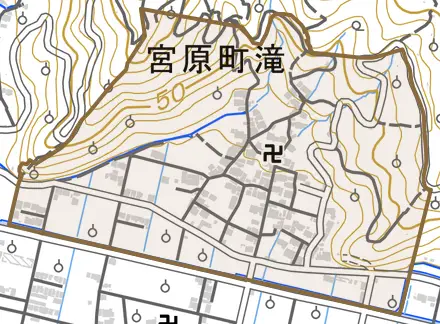 宮原町滝とその周辺の地図。町の範囲を重ねている