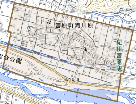 宮原町滝川原とその周辺の地図。町の範囲を重ねている