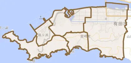宮崎町とその周辺の地図。町の範囲を重ねている
