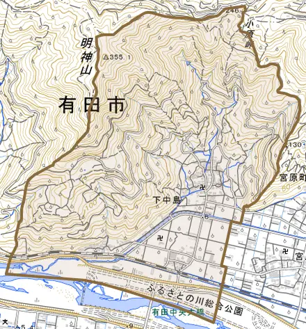 下中島とその周辺の地図。町の範囲を重ねている