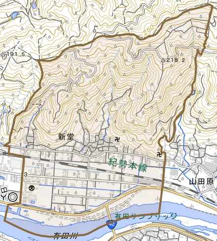 新堂とその周辺の地図。町の範囲を重ねている