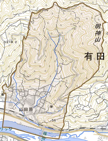 山田原とその周辺の地図。町の範囲を重ねている