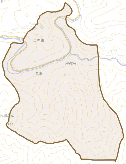大字粟生とその周辺の地図。町の範囲を重ねている