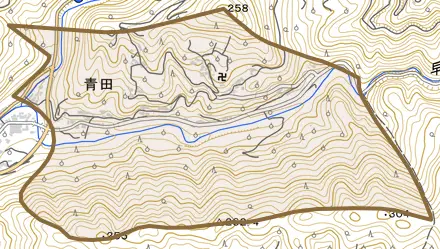大字青田とその周辺の地図。町の範囲を重ねている