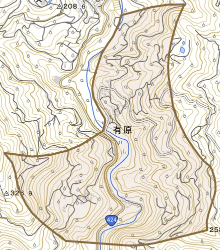 大字有原とその周辺の地図。町の範囲を重ねている