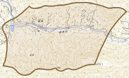 大字伏羊とその周辺の地図。町の範囲を重ねている