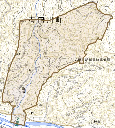 大字船坂とその周辺の地図。町の範囲を重ねている