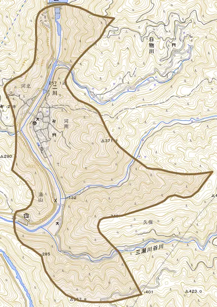 大字二川とその周辺の地図。町の範囲を重ねている