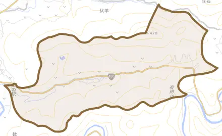 大字長谷川とその周辺の地図。町の範囲を重ねている