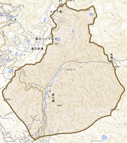 大字彦ケ瀬とその周辺の地図。町の範囲を重ねている
