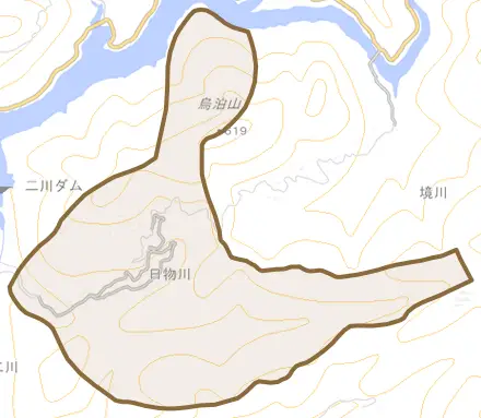 大字日物川とその周辺の地図。町の範囲を重ねている
