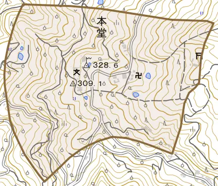 大字本堂とその周辺の地図。町の範囲を重ねている
