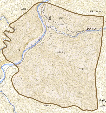 大字井谷とその周辺の地図。町の範囲を重ねている