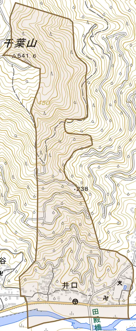 大字井口とその周辺の地図。町の範囲を重ねている
