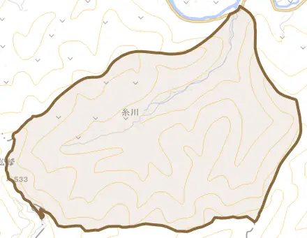 大字糸川とその周辺の地図。町の範囲を重ねている