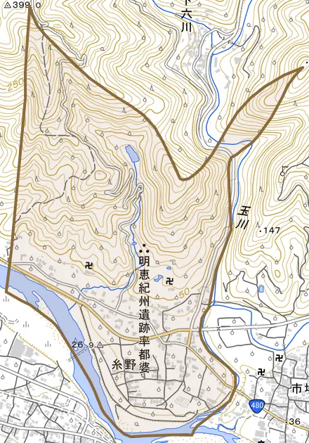 大字糸野とその周辺の地図。町の範囲を重ねている
