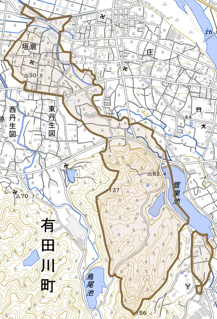 大字垣倉とその周辺の地図。町の範囲を重ねている
