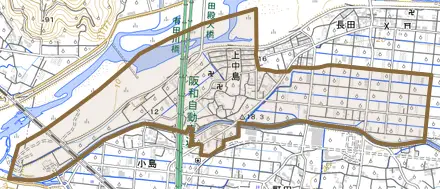大字上中島とその周辺の地図。町の範囲を重ねている