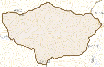 大字上湯川とその周辺の地図。町の範囲を重ねている