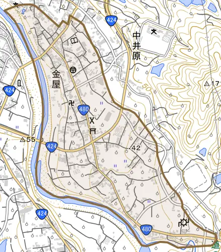 大字金屋とその周辺の地図。町の範囲を重ねている