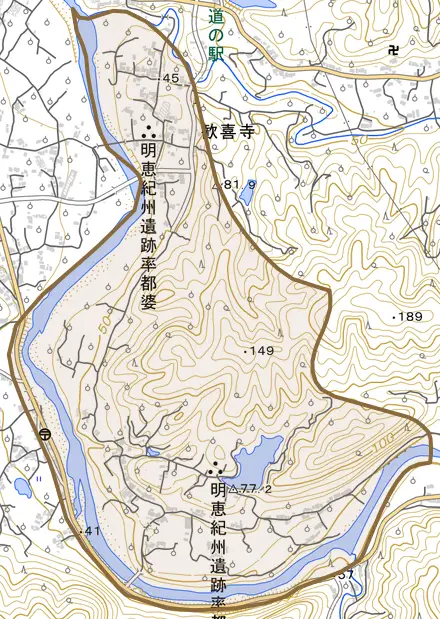 大字歓喜寺とその周辺の地図。町の範囲を重ねている