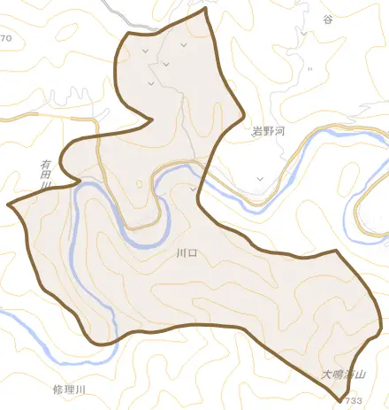 大字川口とその周辺の地図。町の範囲を重ねている