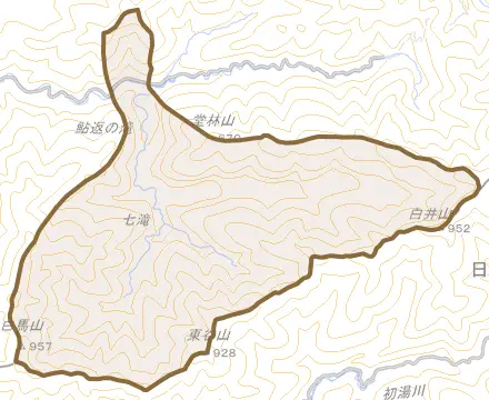 大字川合とその周辺の地図。町の範囲を重ねている