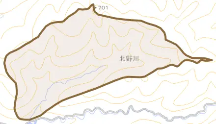 大字北野川とその周辺の地図。町の範囲を重ねている