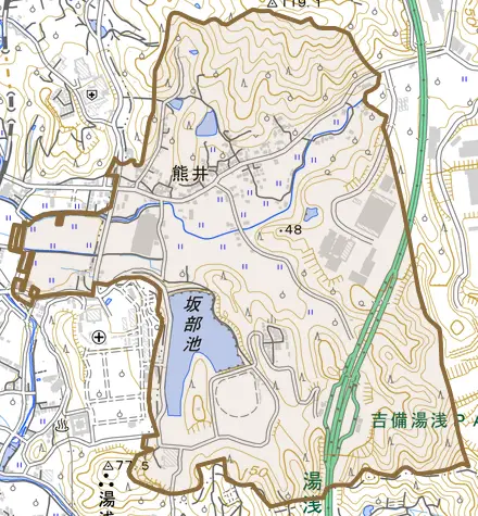 大字熊井とその周辺の地図。町の範囲を重ねている