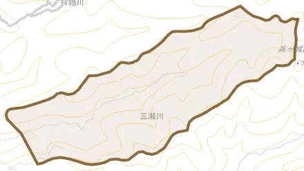 大字三瀬川とその周辺の地図。町の範囲を重ねている