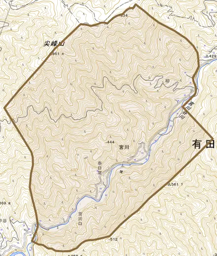 大字宮川とその周辺の地図。町の範囲を重ねている