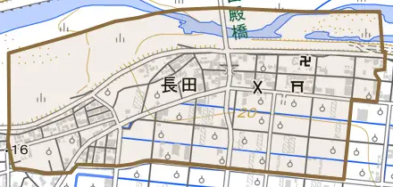 大字長田とその周辺の地図。町の範囲を重ねている