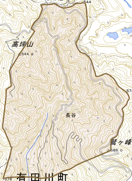 大字長谷とその周辺の地図。町の範囲を重ねている