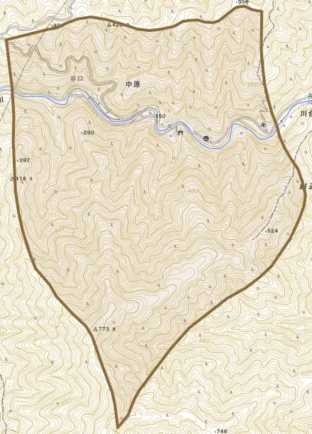 大字中原とその周辺の地図。町の範囲を重ねている