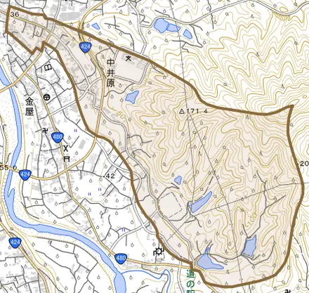 大字中井原とその周辺の地図。町の範囲を重ねている