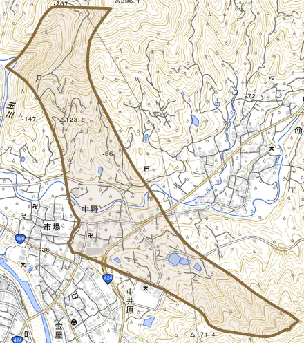 大字中野とその周辺の地図。町の範囲を重ねている