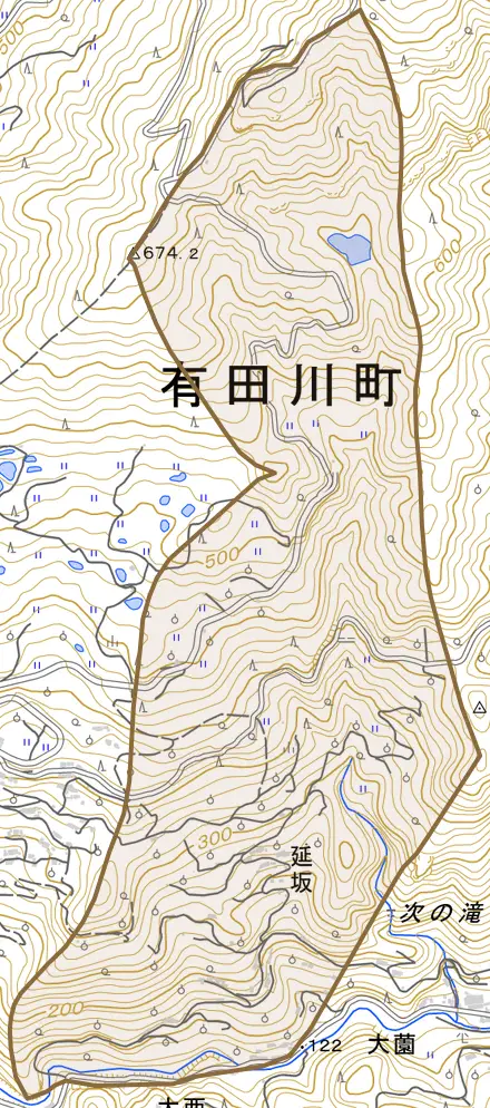 大字延坂とその周辺の地図。町の範囲を重ねている