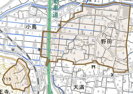 大字野田とその周辺の地図。町の範囲を重ねている